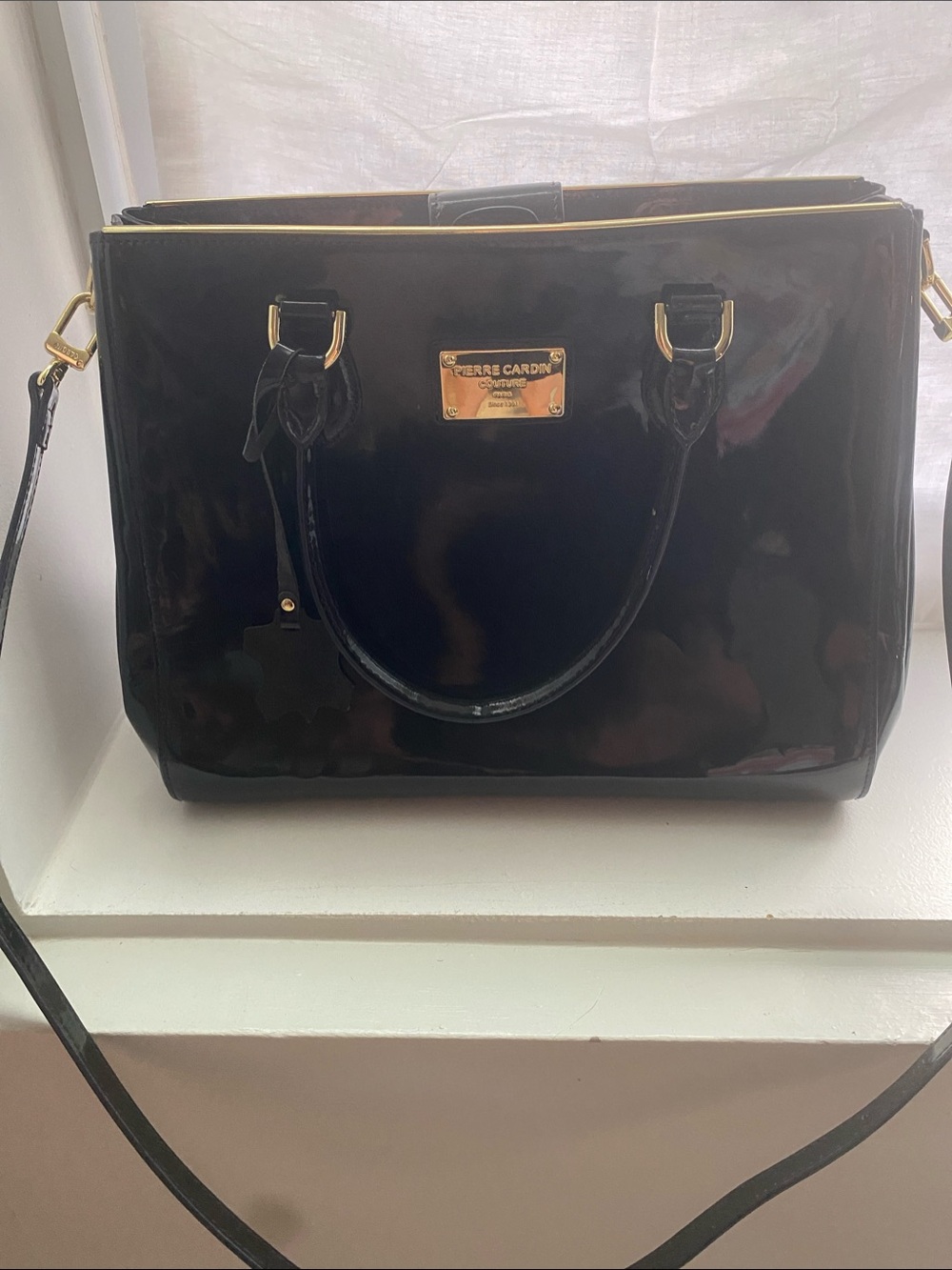 Pierre Cardin Black Coutre Patent Satchel with Gold Hardware